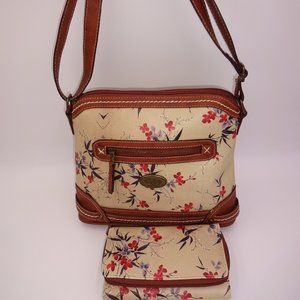 BOC Born Concept Purse & Wallet Shoulder Bag Handbag Brown Tan Flowers Floral
